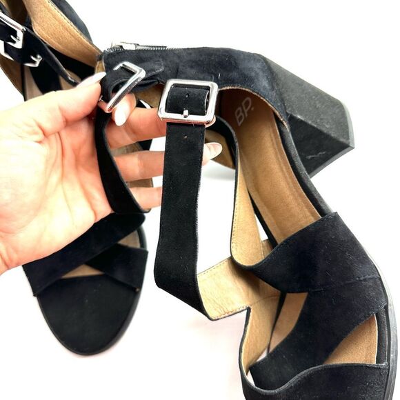 BP Nordstrom Black Suede Leather Strappy Buckle Zipper Back Open Toe Sandal 10 - Picture 4 of 7